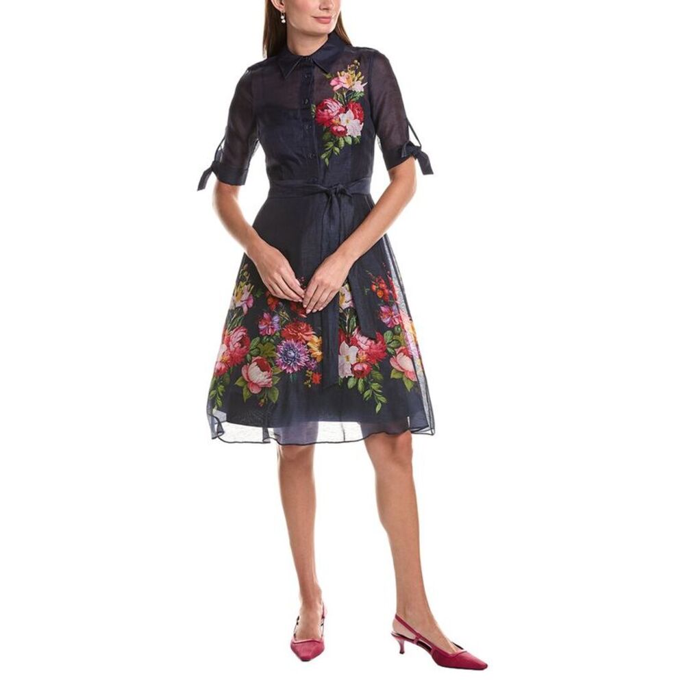 Teri Jon By Rickie Freeman Womens Silk & Linen-Blend Shirtdress, Blue
